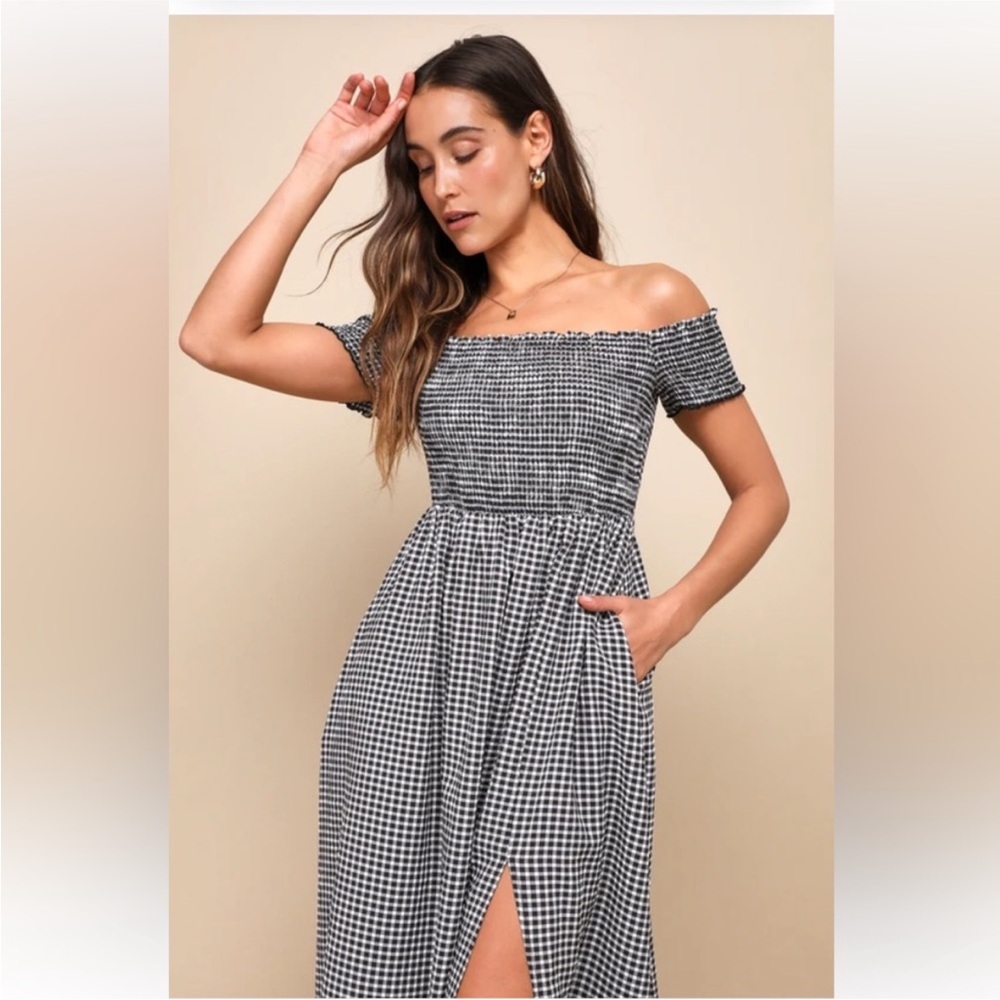 NWT Lulus Patsy Gingham Off Shoulder Maxi Dress Size S - Picture 2 of 9